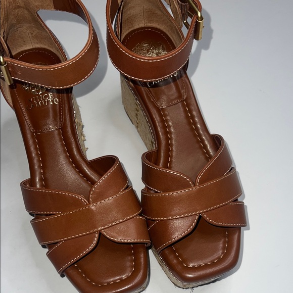 Vince Camuto Brown Leather Wedge Sandals - Picture 3 of 12